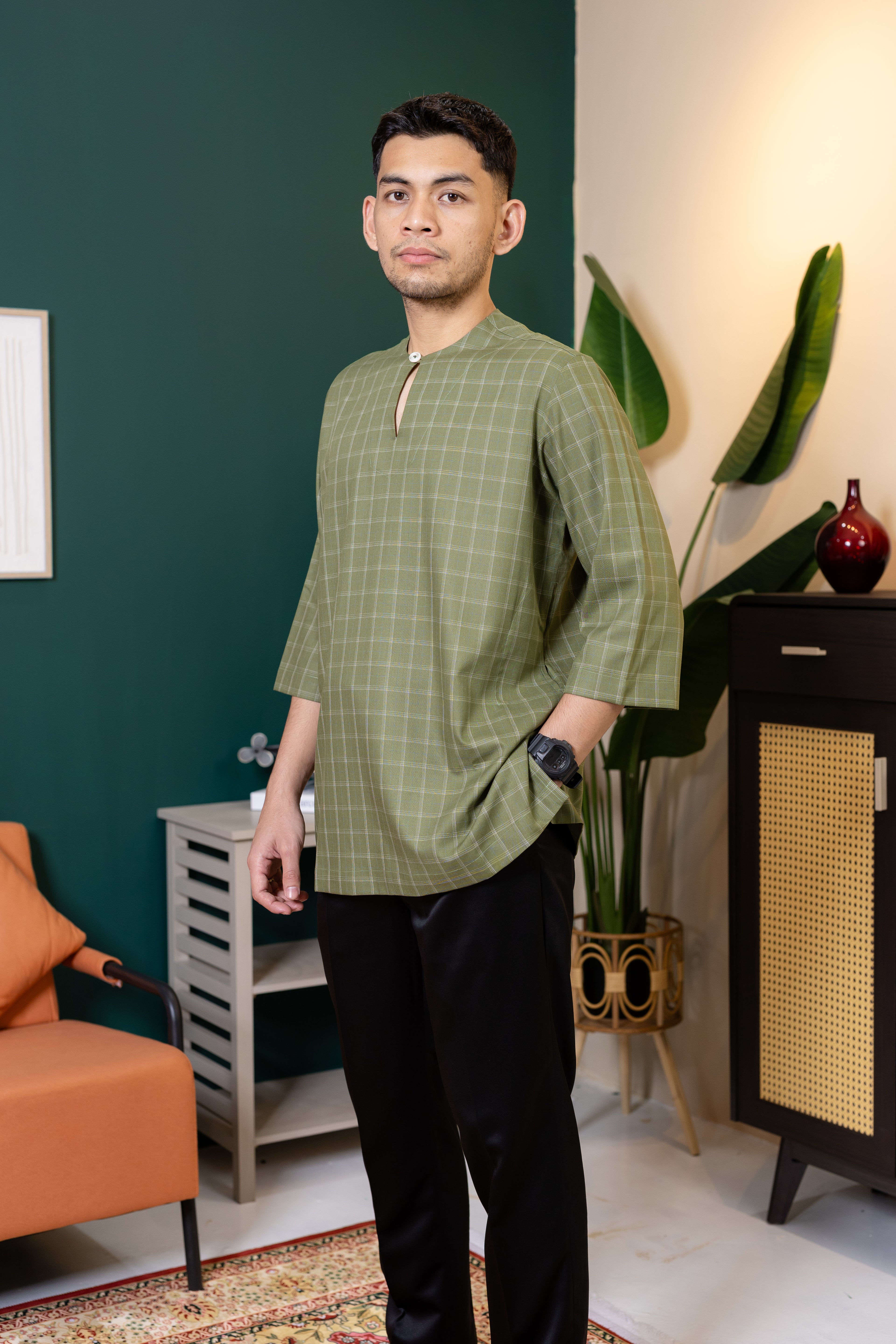 Baya Windowpane Kurta - Olive Green