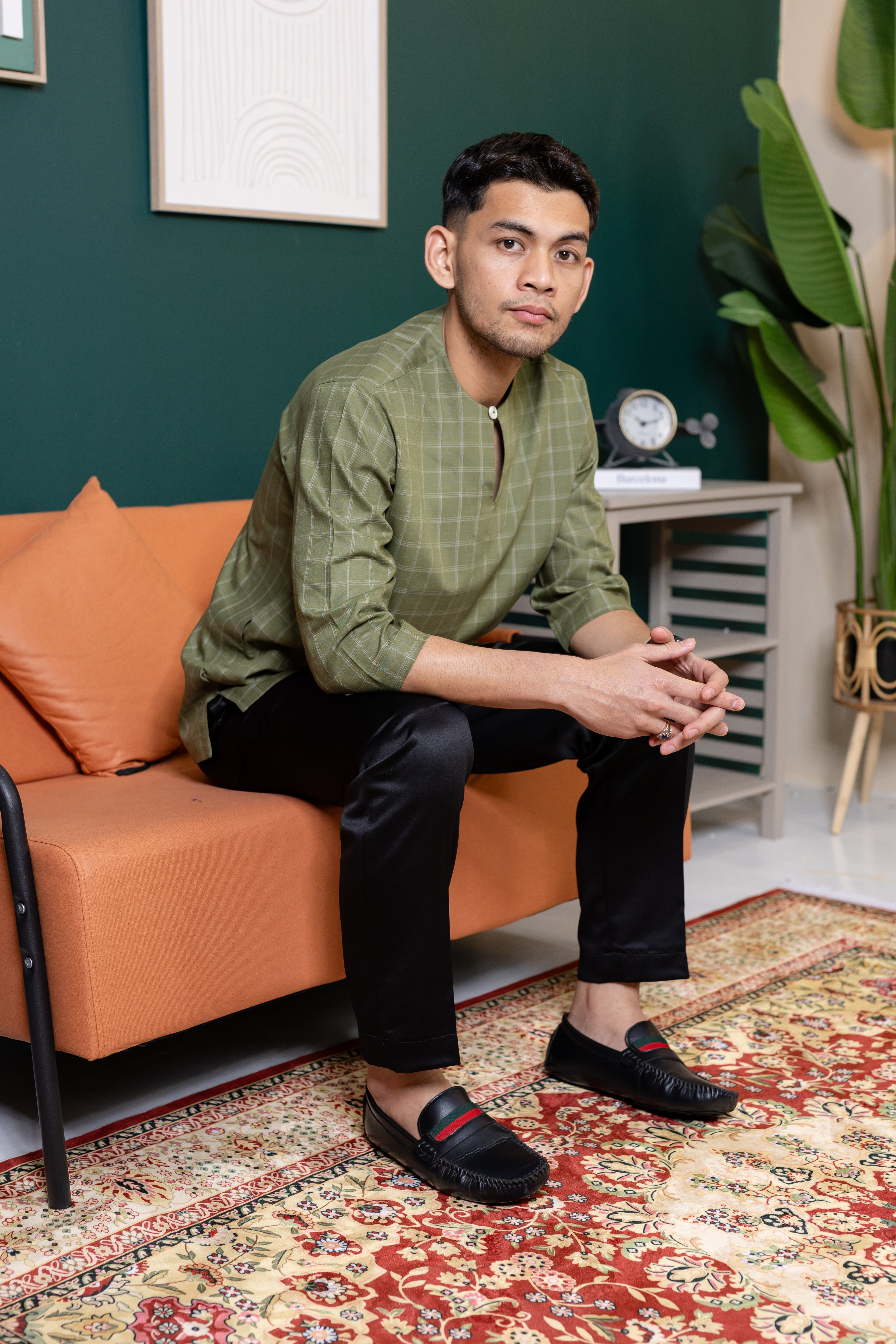 Baya Windowpane Kurta - Olive Green